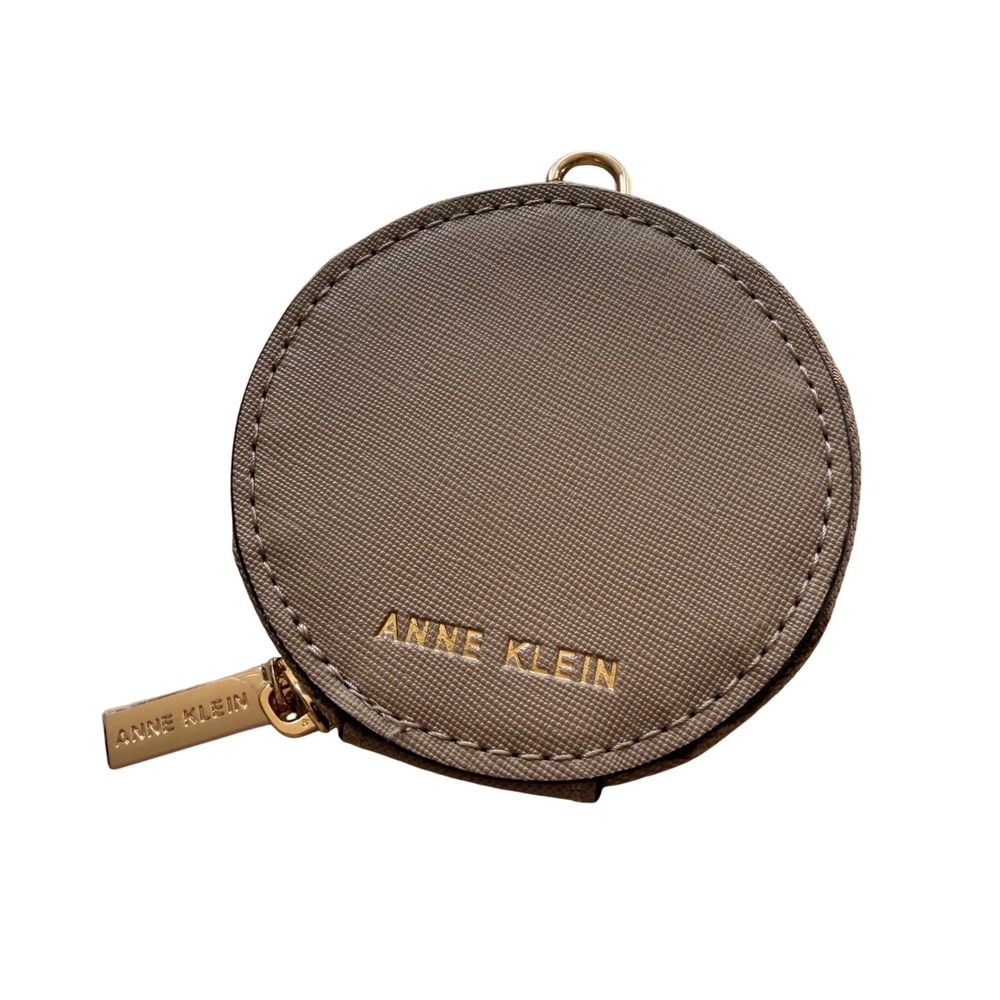 Anne Klein Round Coin Purse Women OS Taupe Saffiano Faux Leather Keychain‎ Pouch